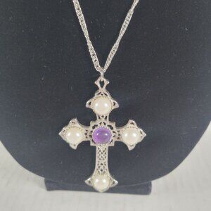 Vintage Sarah Coventry Religious Modest Silver Pearl Cross Chain 24" Necklace
